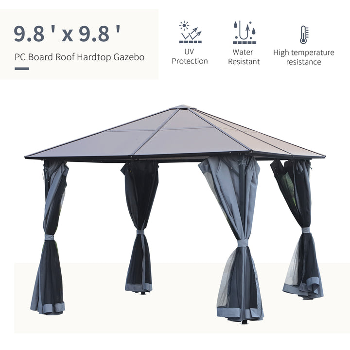 Outsunny 9.8' x 9.8' Garden Aluminium Gazebo Hardtop Roof Canopy Marquee Party Tent Patio Outdoor Shelter with Mesh Curtains & Side Walls, Grey