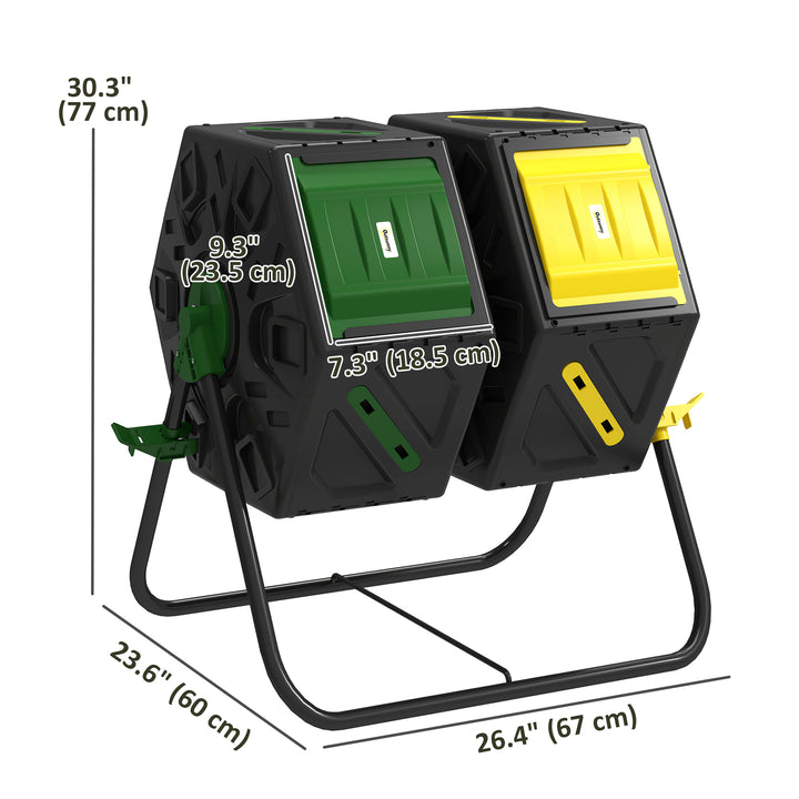 Outsunny Rotating Composter, Dual Chamber Compost Bin with 24 Vents and Steel Legs, 34.5 Gallon, Yellow and Green