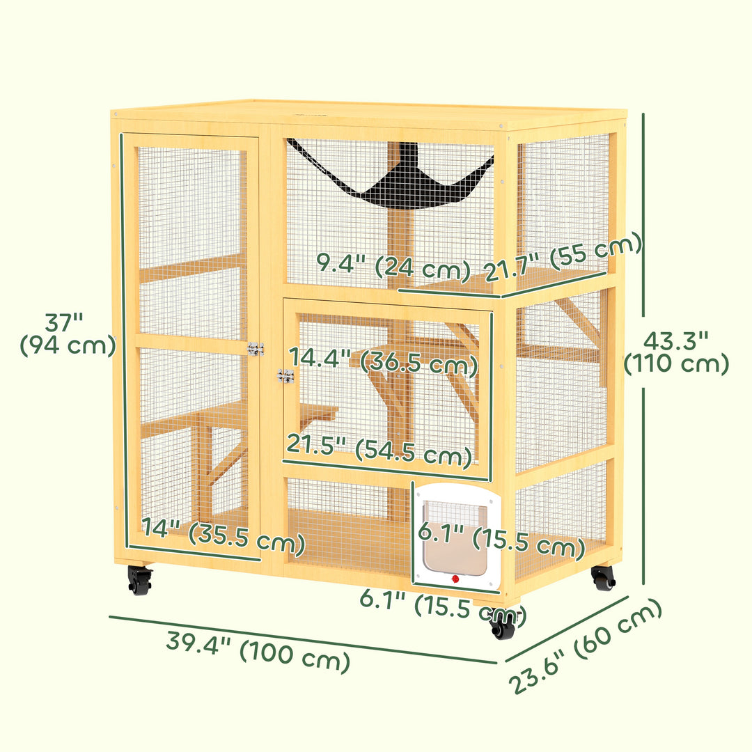 PawHut Cat Condo Wooden Indoor Cat House on Wheels with Cat Flap Door Platforms Hammock Openable Top for 2 Cats, Light Grey