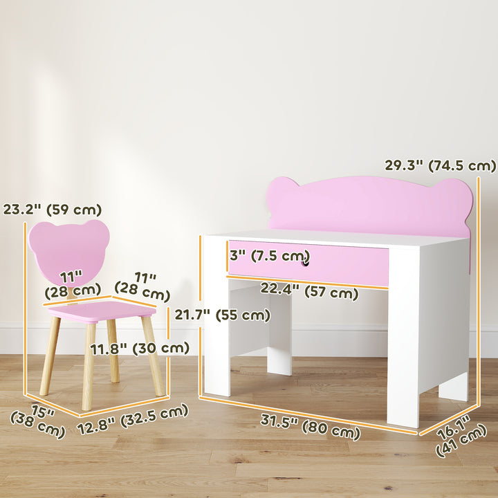 Qaba Kids Desk and Chair Set with Drawer for Drawing, Reading, Bear Theme Children Furniture for Bedroom, Daycare, Pink