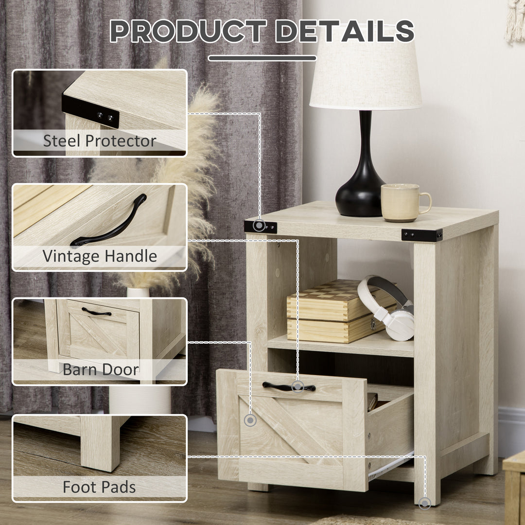 HOMCOM Side Table with Storage, Farmhouse End Table with Drawer, Open Shelf and Barn-style Panel, Nightstand for Living Room, Bedroom, Oak