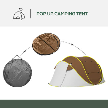 Outsunny Pop Up Tent with 2 Porch and Carry Bag, 3000mm Waterproof Camping Tent, for 2-3 People, Brown