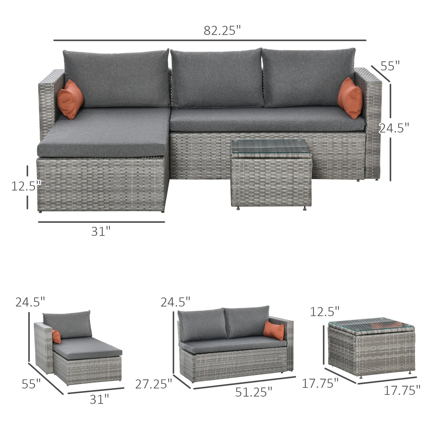 Outsunny 3-Piece Patio Furniture Set Modern Sectional Sofa Rattan Chair Wicker Conversation Set Outdoor Hand Woven Rattan Wicker Furniture Patio Coffee Table Sofa Set, Blue
