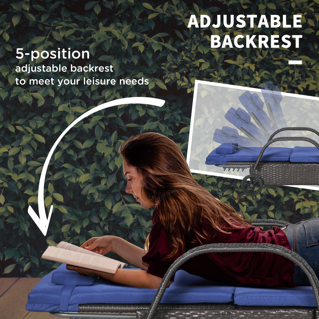 Outsunny Outdoor Lounger, Deck Lounge Chair with Headrest, 5-Level Adjustable, Backrest, Wheels, Deep Coffee and Navy Blue