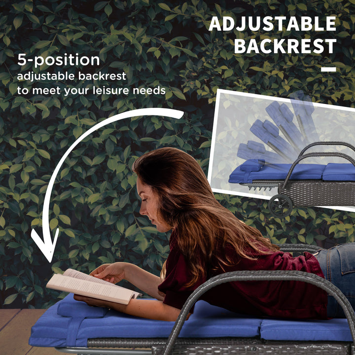 Outsunny Outdoor Lounger, Deck Lounge Chair with Headrest, 5-Level Adjustable, Backrest, Wheels, Deep Coffee and Navy Blue