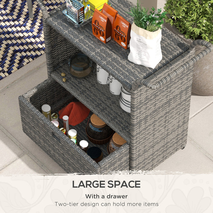 Outsunny Patio PE Wicker Garden Serving Cart with 2-Tier Shelf, Outdoor Wheeled Rattan Food Cart with Drawer, Handles, for Poolside, Garden, Mixed Grey