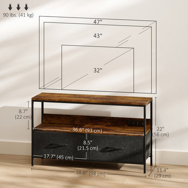 HOMCOM TV Stand with Charging Station, TV Table with 2 Foldable Linen Drawers and Open Shelf for 47 Inch TV, Rustic Brown