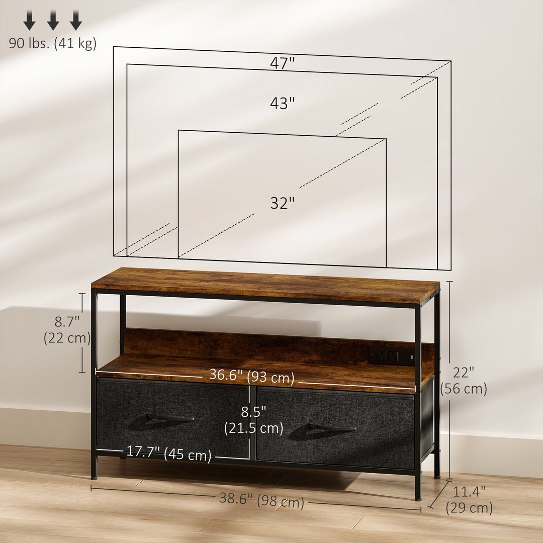 HOMCOM TV Stand with Charging Station, TV Table with 2 Foldable Linen Drawers and Open Shelf for 47 Inch TV, Rustic Brown