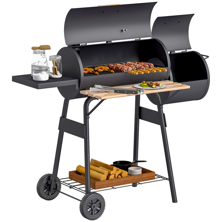 Outsunny 49" Charcoal BBQ Grill with Offset Smoker Portable Backyard Cooking Smoker Outdoor Camp Picnic Barbecue Cooker with Thermometer Wheels and Storage Shelves