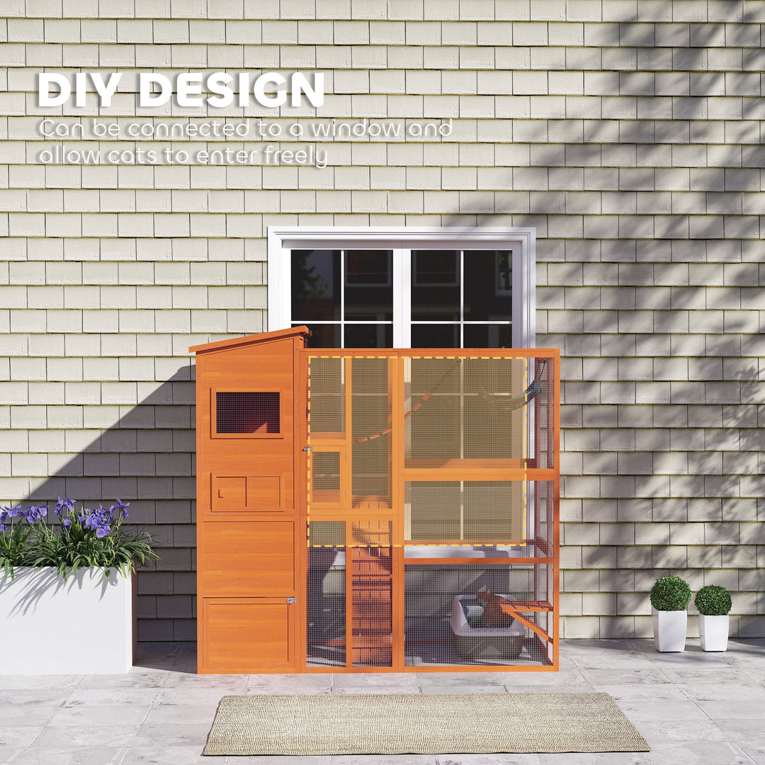 PawHut 76" Catio Outdoor Cat Enclosure with Cat Condo, Jumping Platforms, Ladder, Ramps, Hammock for 2-3 Indoor Cats, Grey