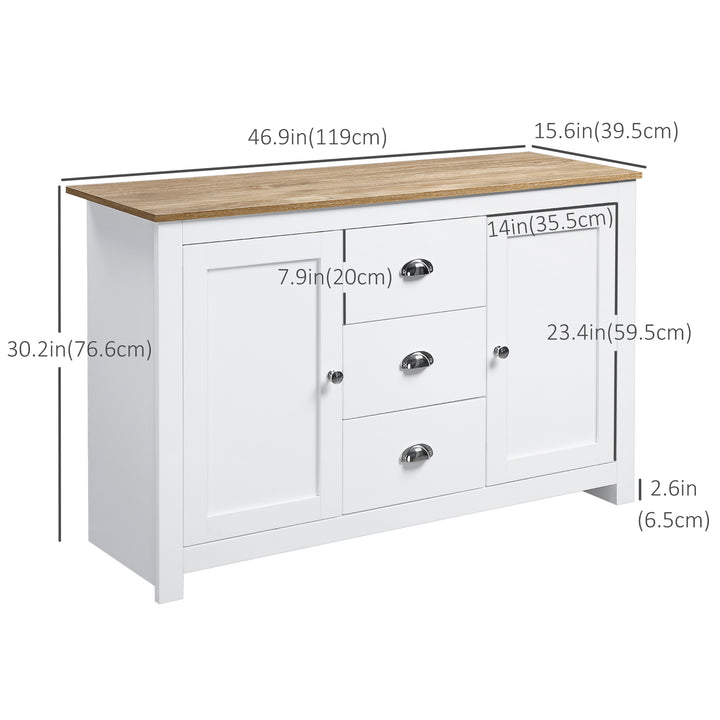 HOMCOM Modern Sideboard Cabinet, Kitchen Buffet Cabinet with 3 Drawers and Adjustable Shelves, Buffets Tables, White