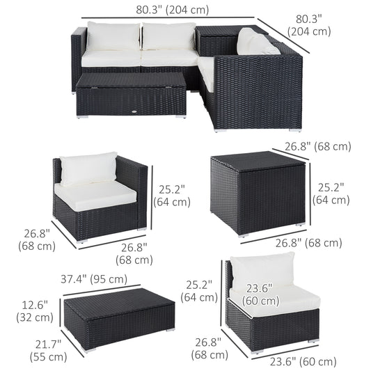 Outsunny 6 Pieces Patio Furniture Set with Cushion, Outdoor PE Rattan Wicker Sectional Conversation Furniture Sofa with Storage Table and Coffee Table, Beige