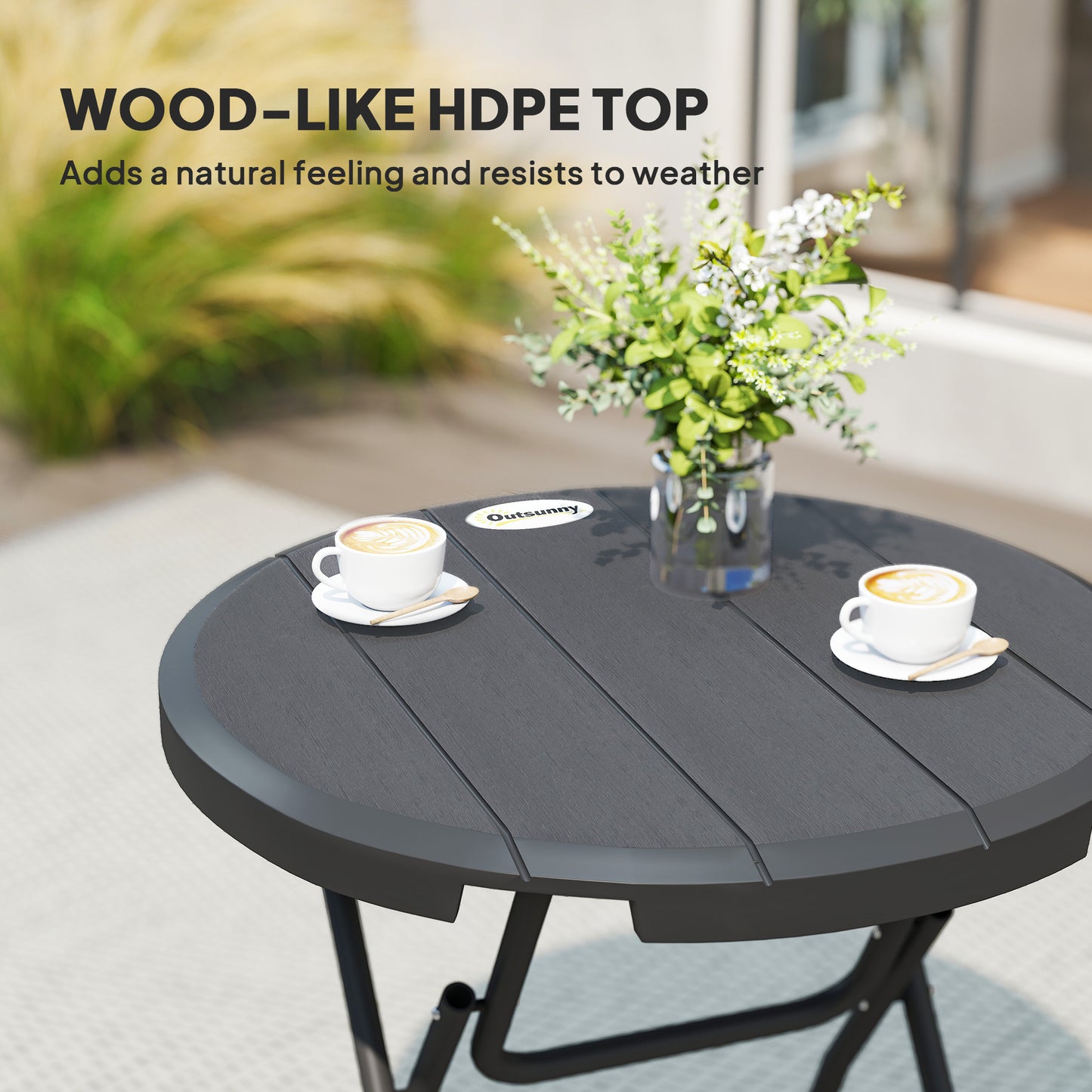 Outsunny Foldable Round Patio Table for 4, Outdoor Dining Table with HDPE Tabletop and Steel Frame, Dark Grey