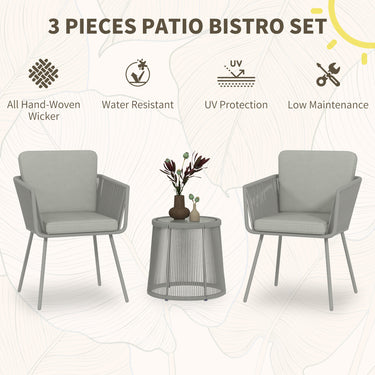 Outsunny 3 Piece Outdoor Patio Bistro Set, Wicker Rattan Furniture with Metal Legs for Garden, Backyard, Light Grey