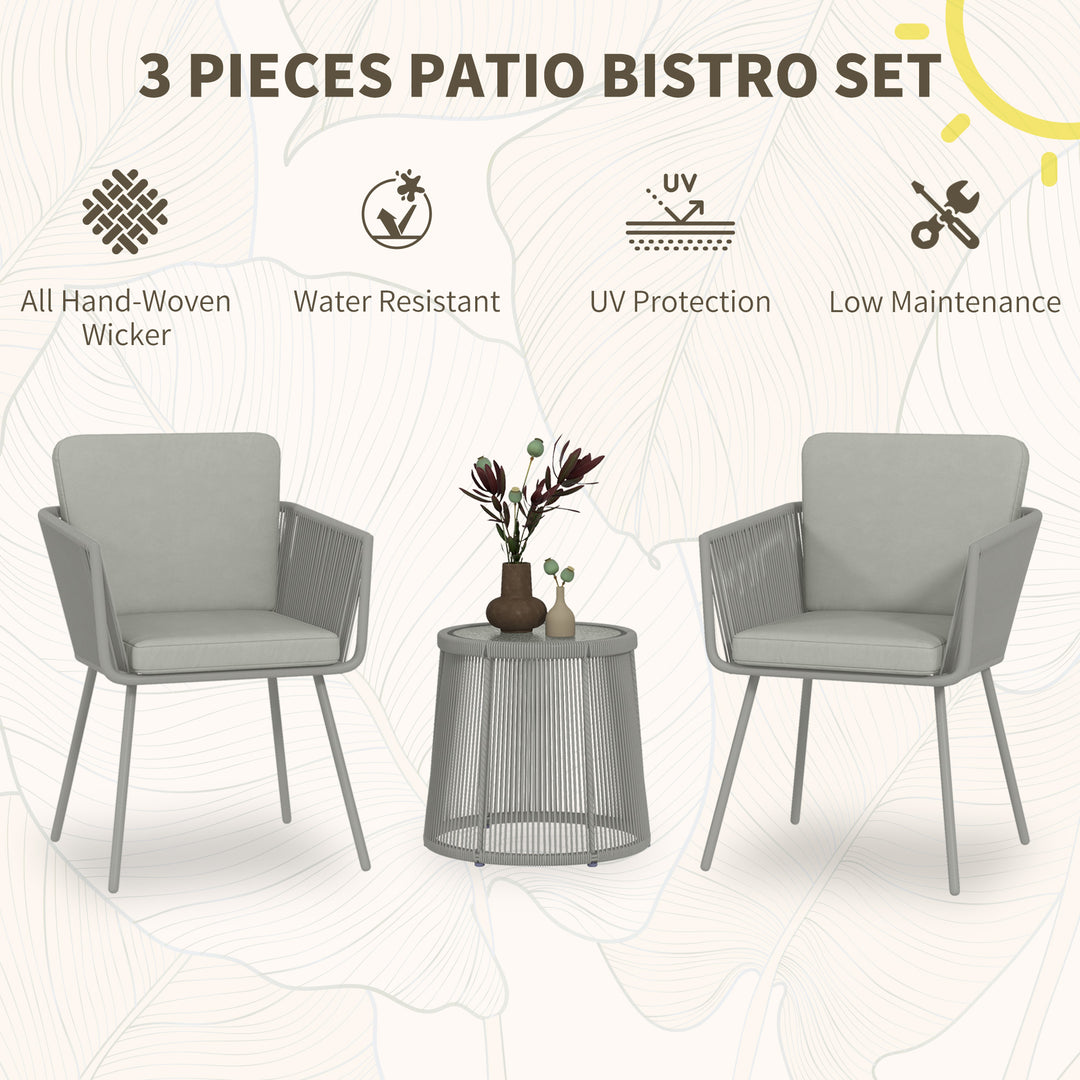 Outsunny 3 Piece Outdoor Patio Bistro Set, Wicker Rattan Furniture with Metal Legs for Garden, Backyard, Light Grey