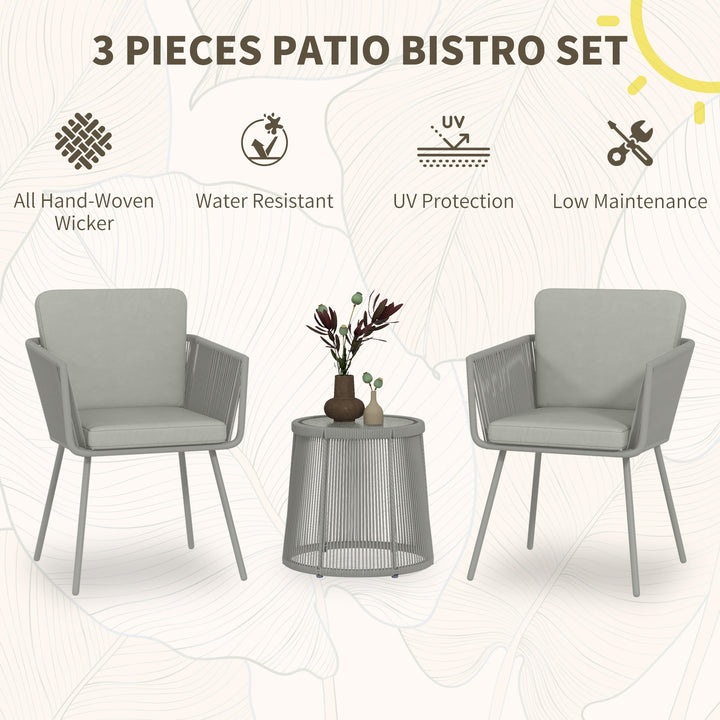 Outsunny 3 Piece Outdoor Patio Bistro Set, Wicker Rattan Furniture with Metal Legs for Garden, Backyard, Light Grey