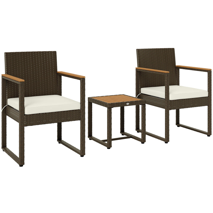 Outsunny 3 Pieces Wicker Patio Furniture Set, Rattan Bistro Set w/ Acacia Wood Table & Removable Cushions, Dark Blue