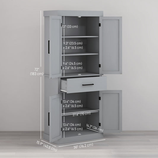 HOMCOM 72" Kitchen Storage Cabinet, Farmhouse Kitchen Pantry Cabinet with 4 Barn Doors, Drawer, Adjustable Shelves, Grey