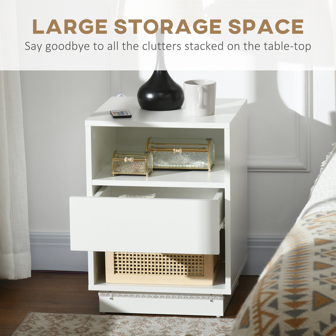 HOMCOM LED Nightstand, Bedside Table with LED Lights, Drawer, 2 Shelves, Remote, Side Table for Living Room, Bedroom