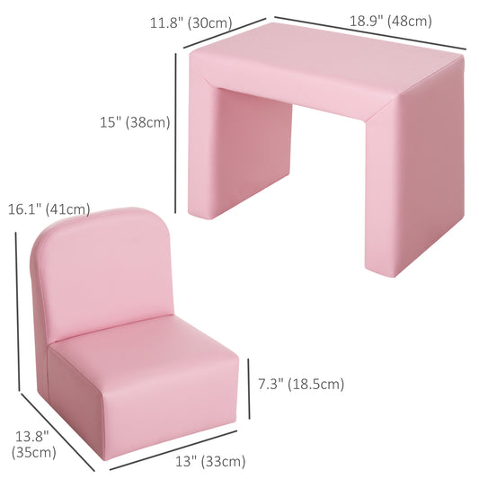 Qaba Kids Sofa, 2-in-1 Multi-Functional Toddler Table and Chair, Children Armchair Sturdy Couch for 3-9 Years Old, Pink