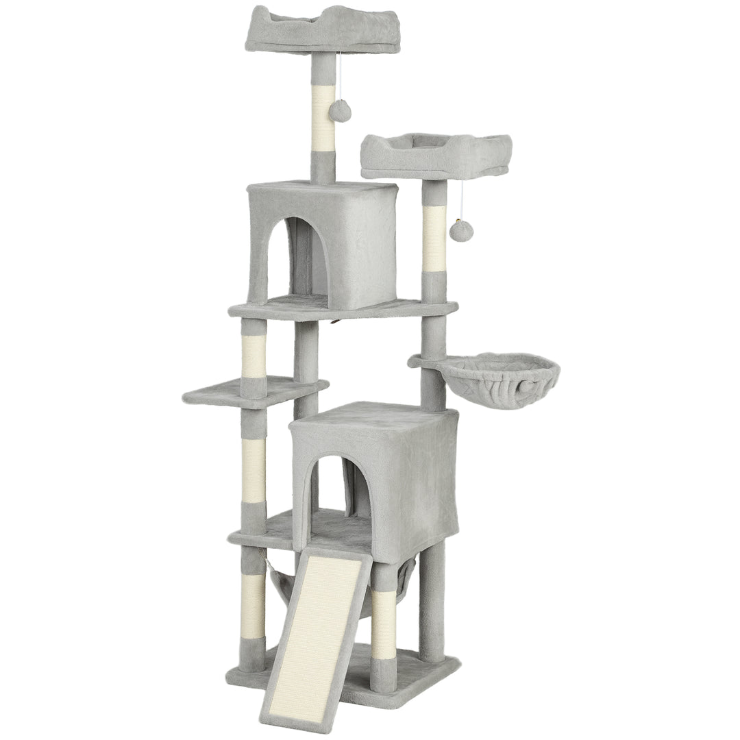PawHut Cat Tree, 70" Multi-Level Cat Tower with 2 Condos, 2 Perches, Hammock, Toy Balls, Scratching Posts and Board, Green