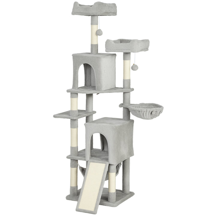 PawHut Cat Tree, 70" Multi-Level Cat Tower with 2 Condos, 2 Perches, Hammock, Toy Balls, Scratching Posts and Board, Green