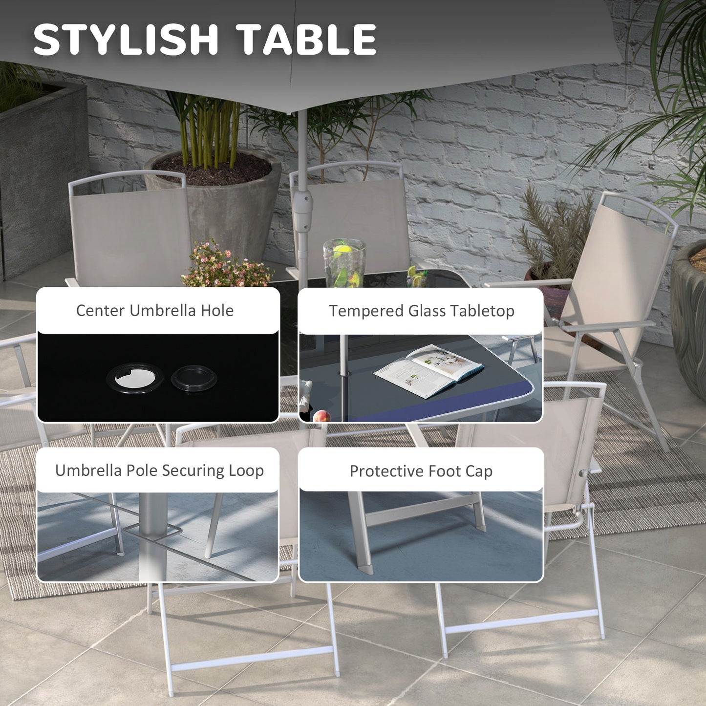 Outsunny 8 Piece Patio Set with Umbrella, 6 Folding Chairs, Rectangle Table, Outdoor Dining Set for 6 with Mesh Seat, Grey