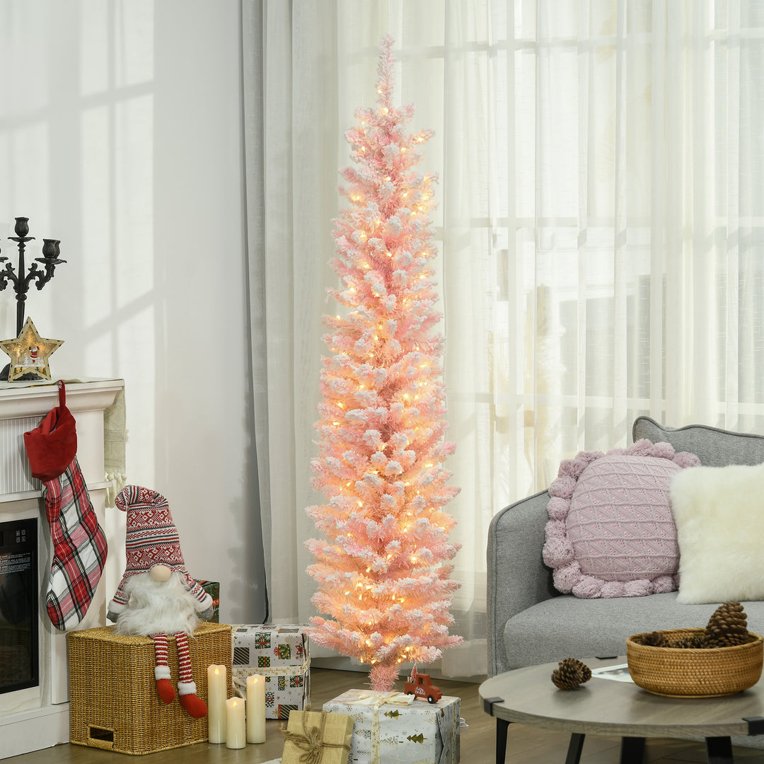 HOMCOM 6' Flocked Christmas Trees, Pencil Prelit Artificial Christmas Tree with Snow Branches, Pink