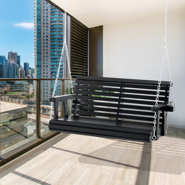 Outsunny 2 Seater Porch Swing Wooden Patio Swing Chair Seat with Cup Holder and Chains Outdoor Swing Bench for Garden Yard, Black