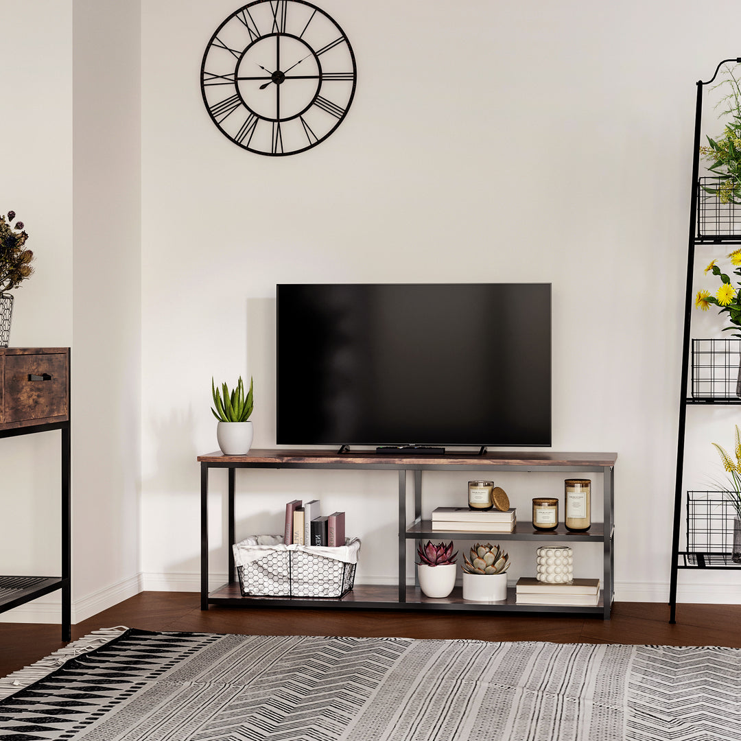 HOMCOM Industrial TV stand for TVs up to 55", TV Cabinet with Storage Shelves Metal Frame, Media Console for Living Room, Rustic Brown