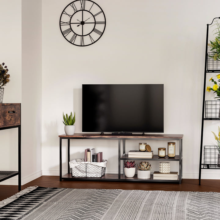 HOMCOM Industrial TV stand for TVs up to 55", TV Cabinet with Storage Shelves Metal Frame, Media Console for Living Room, Rustic Brown