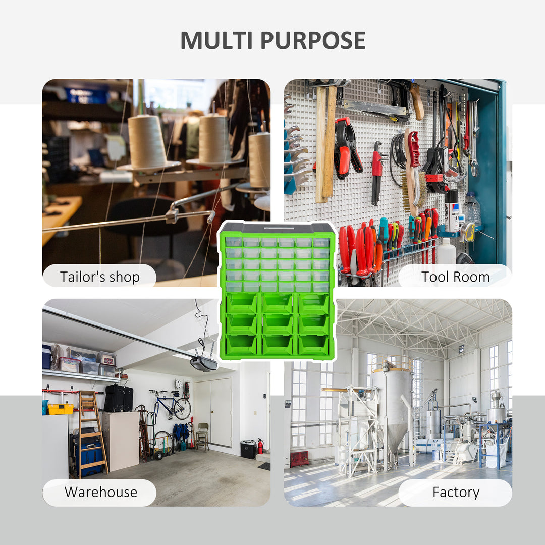 DURHAND Plastic 39 Drawer Parts Organiser Wall Mount Storage Cabinet for Small Nuts Bolts Tool Set of 2 Green