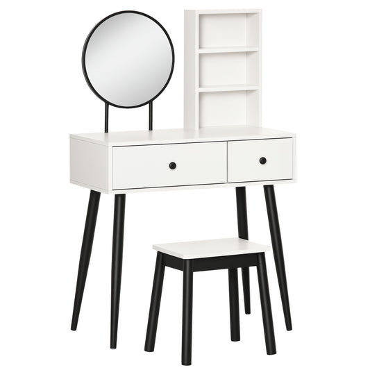HOMCOM Vanity Desk with Stool, Makeup Vanity with Mirror, Wood Dressing Table with Storage Drawers and Shelf for Bedroom, White and Black