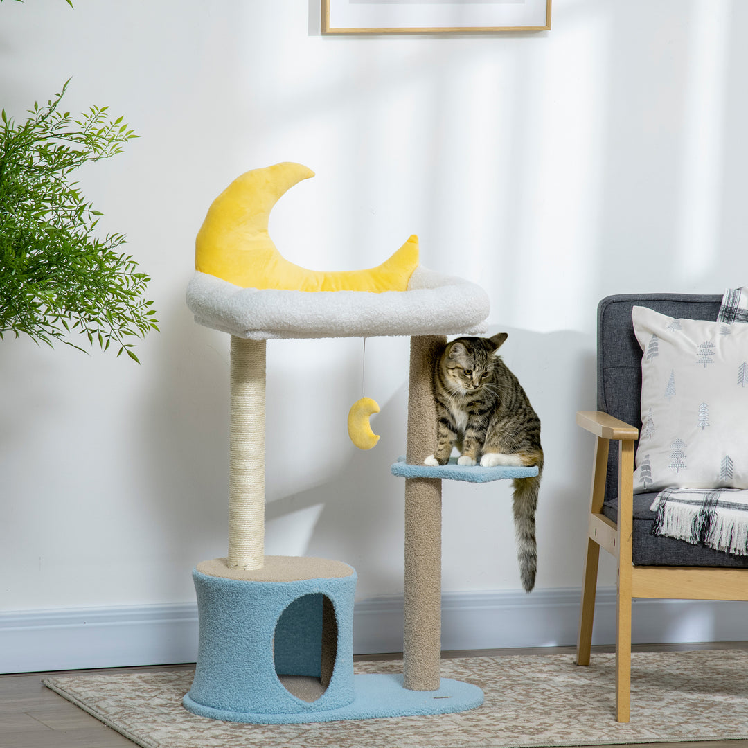 PawHut Moon Cat Tower for Indoor Cats with Teddy Fleece House Bed Scratching Post Hanging Toy Star Platform 41" Blue
