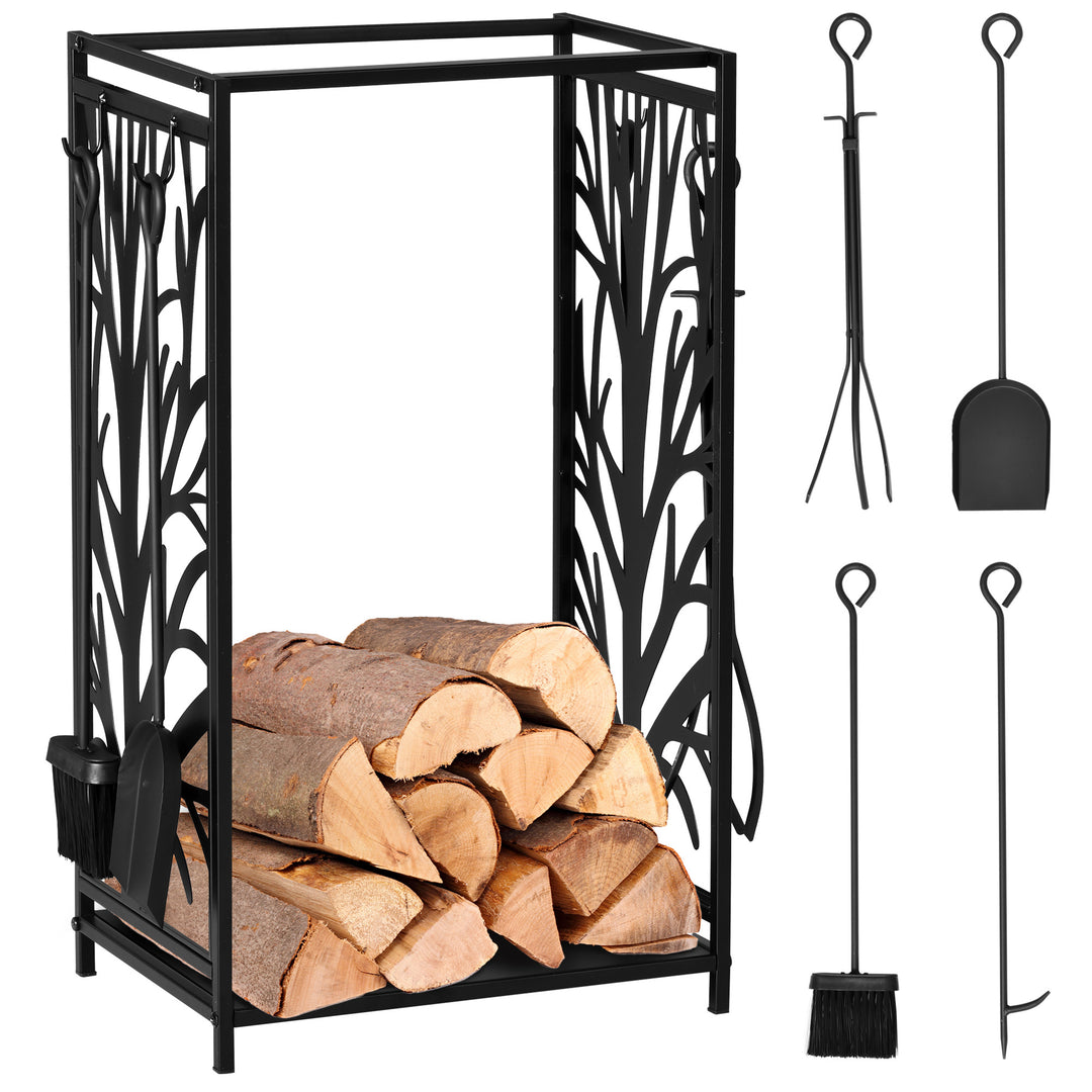 HOMCOM Firewood Rack with 4 Tools, Log Holder for Fireplace, Outdoor Indoor Wood Storage Stacker, 18.1" x 11.8" x 27.6", Black
