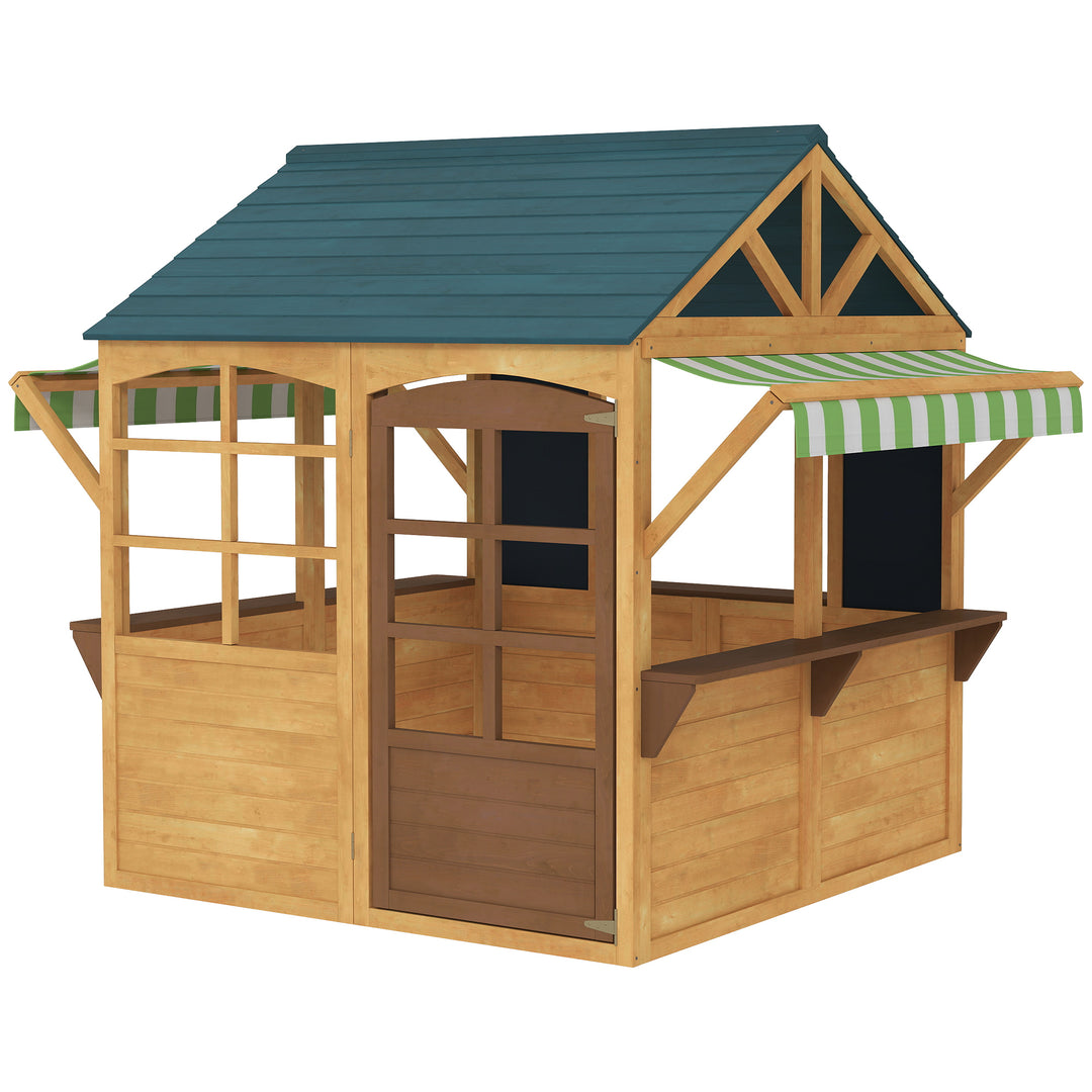 Qaba Wooden Foldable Outdoor Playhouse for Kids Ages 3-8, Snack Bars, Working Door, Rain Covers, Blackboards, Brown