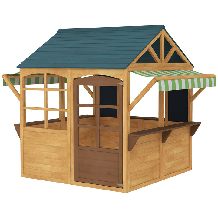 Qaba Wooden Foldable Outdoor Playhouse for Kids Ages 3-8, Snack Bars, Working Door, Rain Covers, Blackboards, Brown