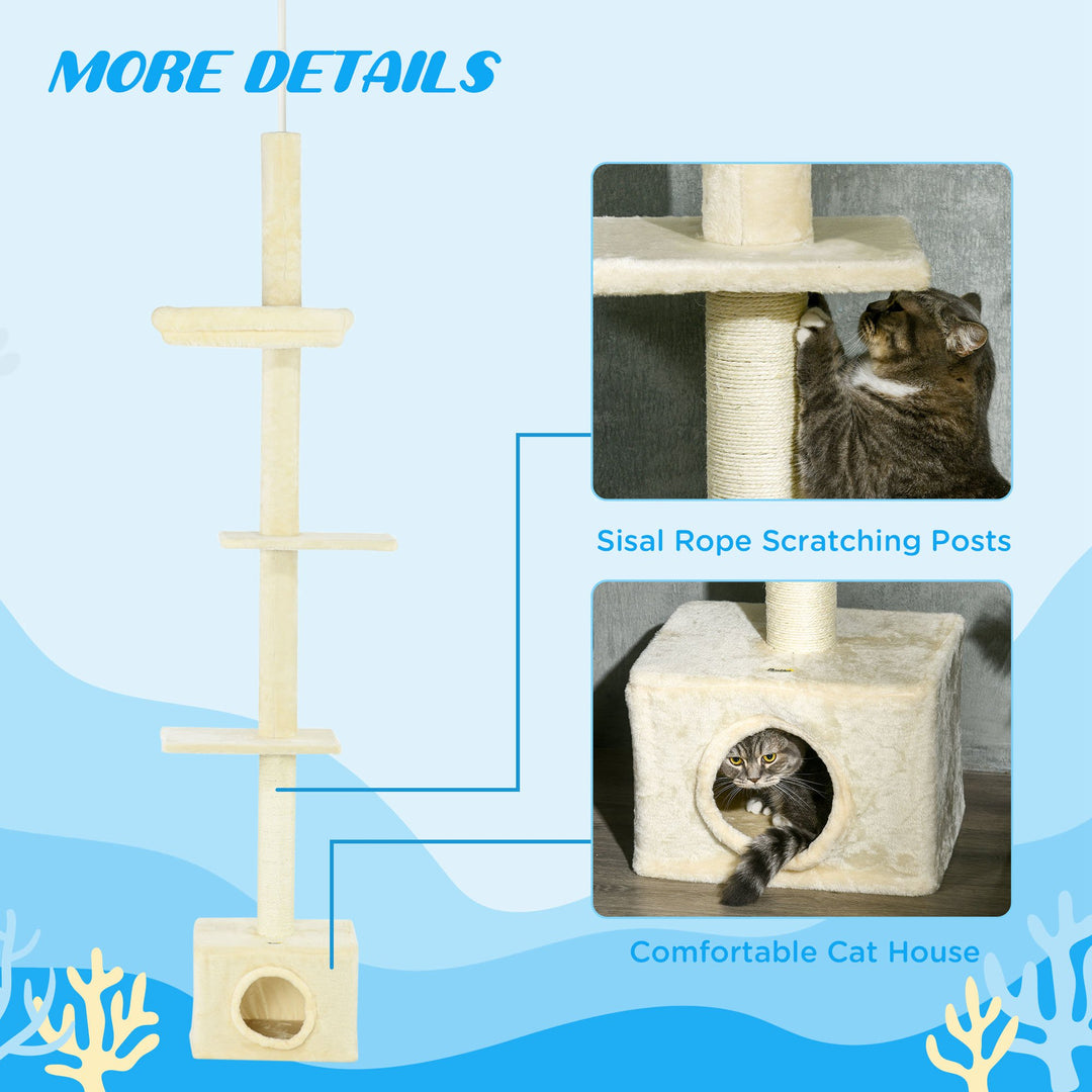 PawHut Floor to Ceiling Cat Tree with Scratching Post for Indoor Cats, Adjustable Height Cat Tower (91-102 Inches) with House, Bed, Beige