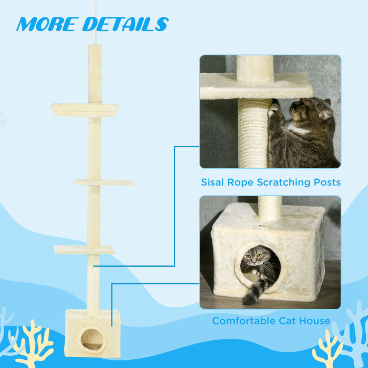 PawHut Floor to Ceiling Cat Tree with Scratching Post for Indoor Cats, Adjustable Height Cat Tower (91-102 Inches) with House, Bed, Beige