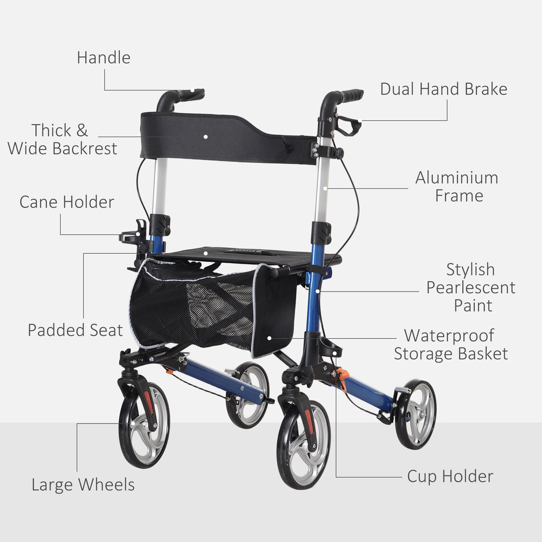 HOMCOM Lightweight Folding Rolling Walker with Large Seat, Back, Adjustable Handle, Bag, Dual Brake, Cane Holder, Red