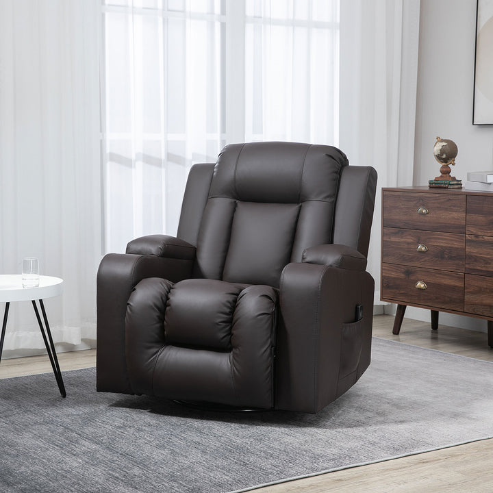 HOMCOM Swivel Massage Recliner Chair Rocker, Overstuffed Manual Reclining Sofa, PU Leather Rocking Chair with Side Pockets, Cup Holders, for Living Room, Nursery, Brown