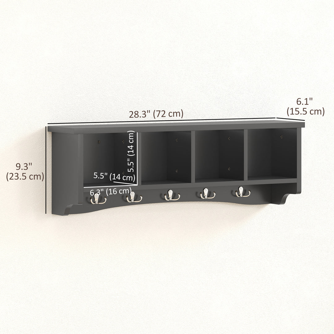 HOMCOM Coat Rack Wall Mount with Shelf, 28" Wall Coat Rack with 5 Hooks and 4 Compartments for Living Room, Entryway, White