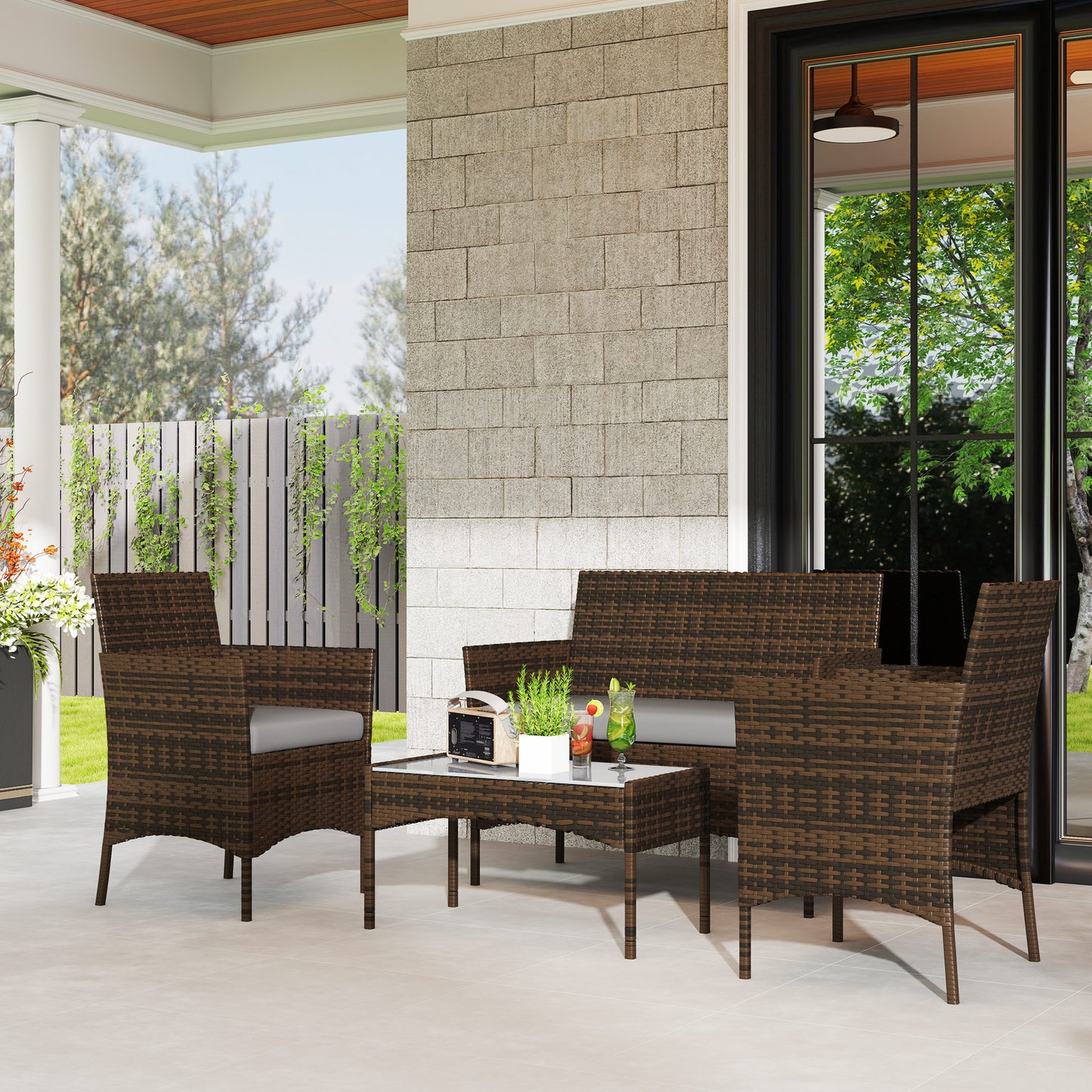 Outsunny 4 Pieces Wicker Outdoor Balcony Furniture Set Rattan Patio Furniture Set with Loveseat Chairs Glass Coffee Table Beige