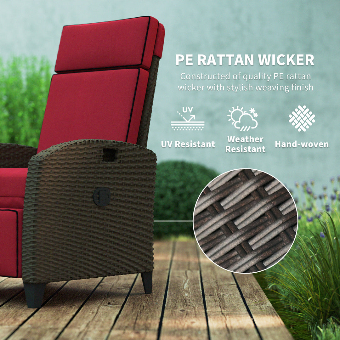 Outsunny Outdoor Recliner Chair with Adjustable Backrest, Cushion, Side Tray, Wine Red