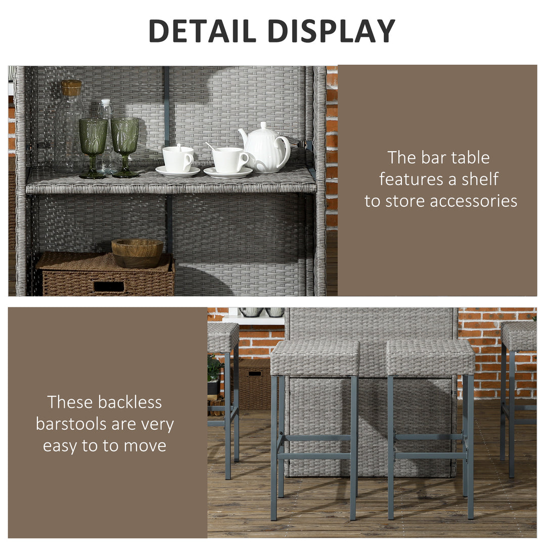 Outsunny 5 Pieces Patio Bar Set, Outdoor PE Rattan Wicker High Top Outdoor Table and Chairs Outdoor Bar Set with Tempered Glass Top Bar Table and Shelves, 4 Bar Chairs, Dark Brown