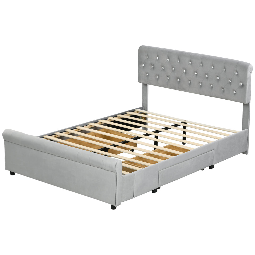 HOMCOM Full Bed Frame with Headboard, Double Bed Frame with 2 Drawers, No Box Spring Needed, Easy Assembly, Light Grey