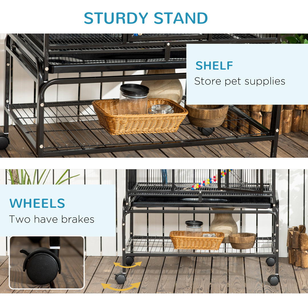 PawHut 71" Bird Cage with Wheels Perches, Ramp, Storage Shelf, Toys for Canaries, Finches, Cockatiels, Parakeets, White