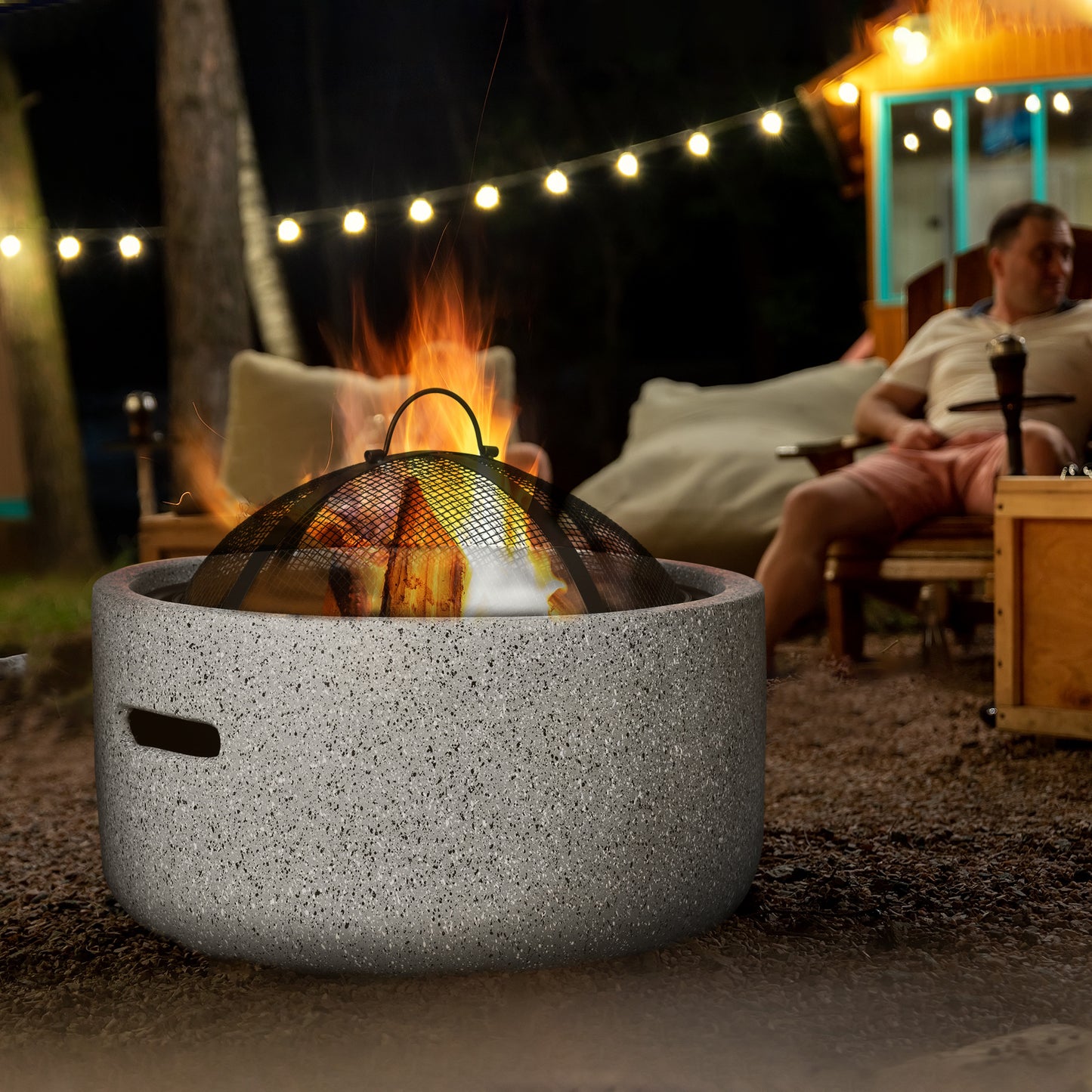 Outsunny 18" Round Outdoor Fire Pit Firepit Fireplace Wood-burning with Spark Screen Poker for Backyard Camping Bonfire, Grey