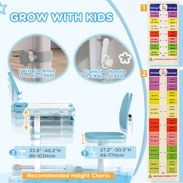 Qaba Height Adjustable Kids Desk and Chair Set with Tilt Desktop, Large Writing Board, Storage Drawer, Book Stand, Blue