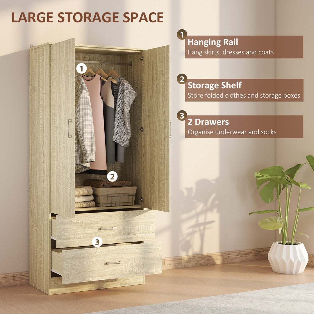 HOMCOM Wardrobe Closet Armoire with Hanging Rod and 2 Doors, Clothes Storage Organizer with 2 Drawers for Bedroom, Oak